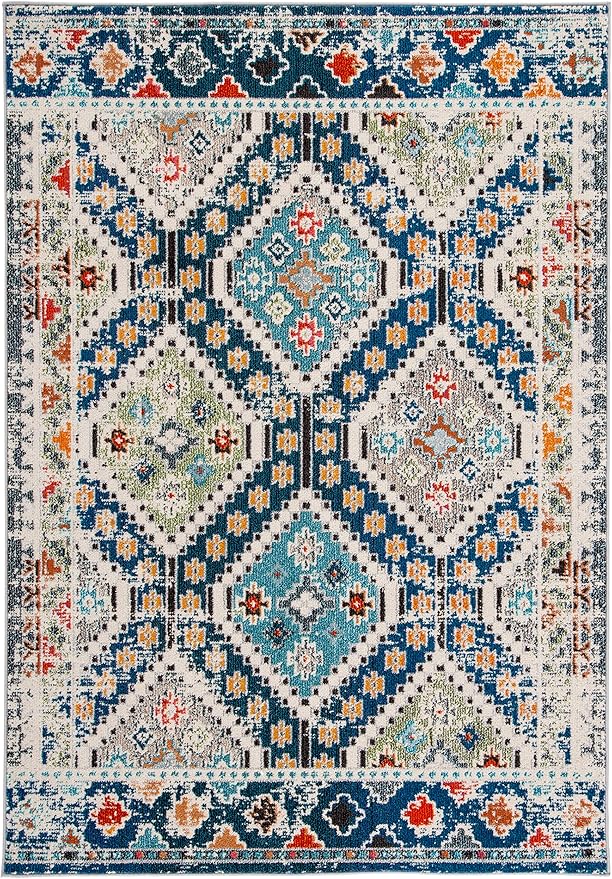 SAFAVIEH Madison Collection Area Rug - 10' x 14', Navy & Beige, Boho Diamond Distressed Design, Non-Shedding & Easy Care, Ideal for High Traffic Areas in Living Room, Bedroom (MAD418M)