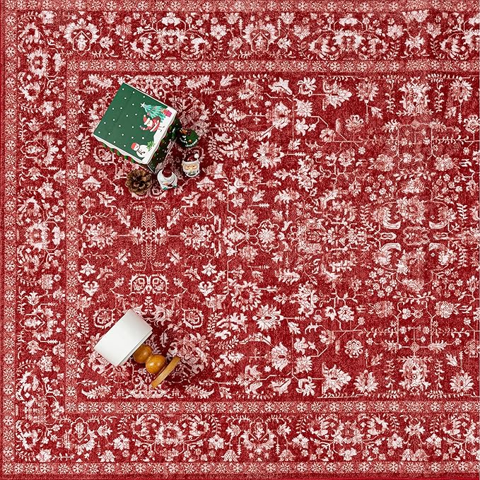 Christmas Area Rug 2x3 Red Washable Entryway Non Slip Small Carpet Holiday Door Mat Vintage Distressed Floral Accent Rug Low Pile Soft Thin Xmas Doormat for Bathroom Laundry Kitchen