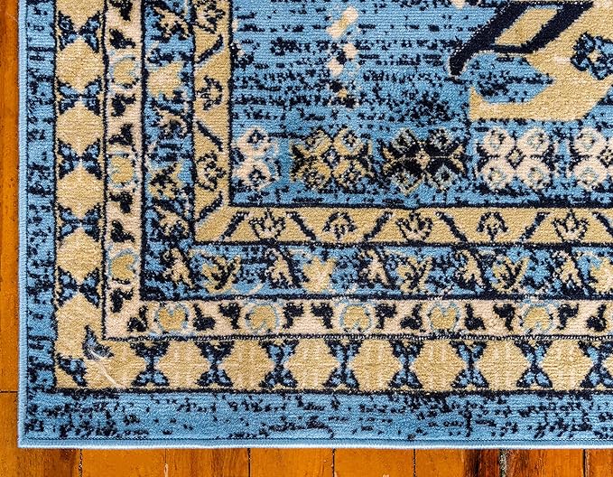 Unique Loom Taftan Collection Border Geometric Tribal Inspired Design Area Rug, 8 ft, Light Blue/Gold