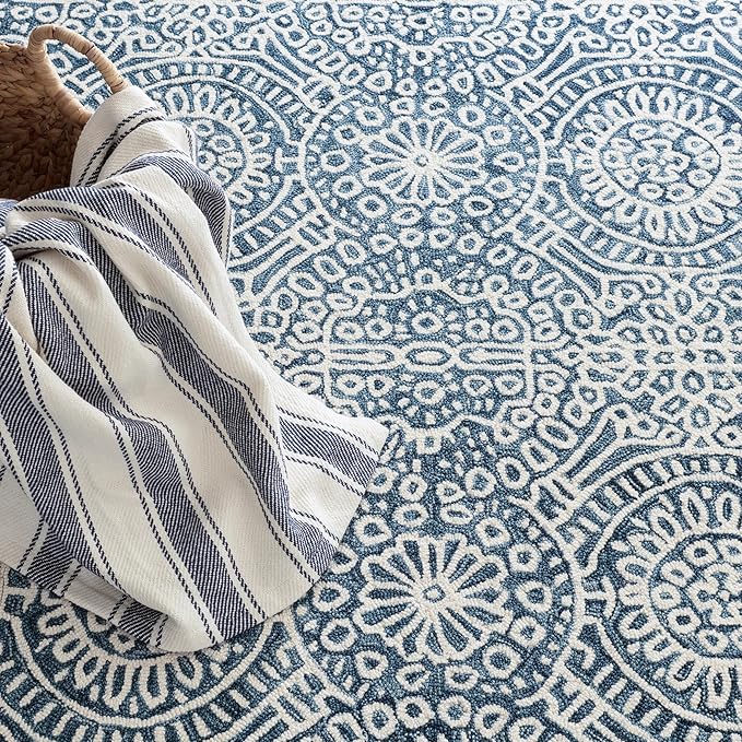 Dash & Albert Temple Ink Hand Micro Hooked Wool Rug, 2.5 X 8 Feet, Blue Geometric Pattern