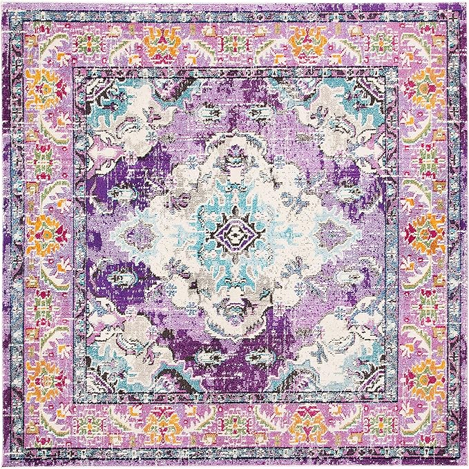 SAFAVIEH Monaco Collection Area Rug - 3' Square, Violet & Light Blue, Boho Chic Medallion Distressed Design, Non-Shedding & Easy Care, Ideal for High Traffic Areas in Living Room, Bedroom (MNC243L)