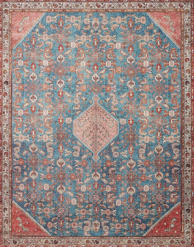 Loloi Layla Collection LAY-10 Marine/Clay 2'-6" x 12'-0" .13" Thick Runner Rug, Soft, Durable, Vintage Inspired, Distressed, Low Pile, Non-Shedding, Easy Clean, Printed, Living Room Rug