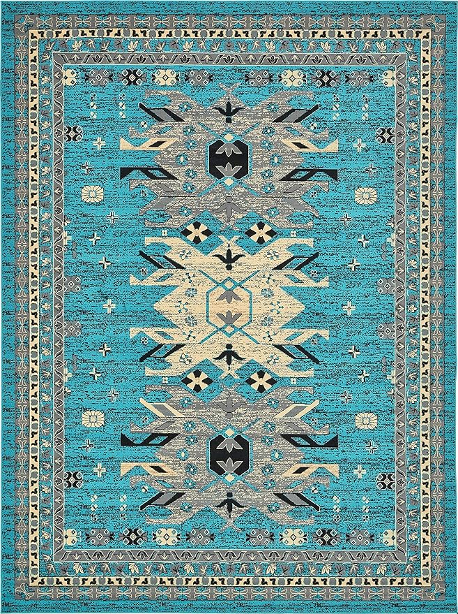 Unique Loom Taftan Collection Border Geometric Tribal Inspired Design Area Rug (9' 10 x 13' 0 Rectangular, Turquoise/ Gray)
