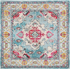 SAFAVIEH Monaco Collection Area Rug - 11' Square, Light Blue & Fuchsia, Boho Chic Medallion Distressed Design, Non-Shedding & Easy Care, Ideal for High Traffic Areas in Living Room, Bedroom (MNC243J)