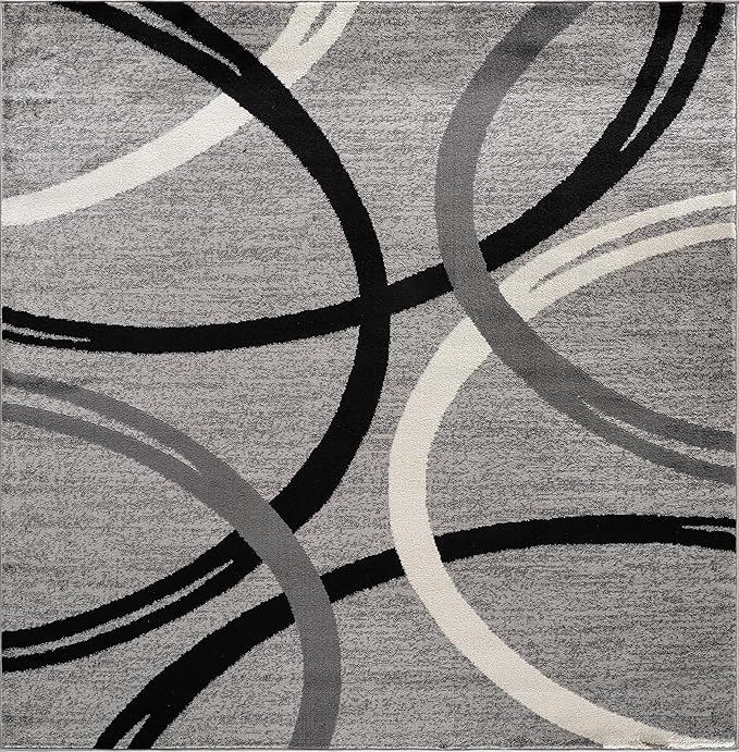 Rugshop Wavy Circles Design Square Rug, Non-Shedding Carpet for Living Room, Bedroom, or Dining Room, Gray, 6'6" x 6'6"