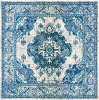 SAFAVIEH Monaco Collection Area Rug - 6'7" Square, Ivory & Blue, Boho Chic Medallion Distressed Design, Non-Shedding & Easy Care, Ideal for High Traffic Areas in Living Room, Bedroom (MNC243A)
