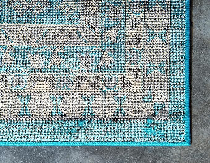Unique Loom Taftan Collection Border Geometric Tribal Inspired Design Area Rug (6' 0 x 9' 0 Rectangular, Turquoise/ Gray)
