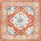 SAFAVIEH Monaco Collection Area Rug - 8' Square, Orange & Light Blue, Boho Chic Medallion Distressed Design, Non-Shedding & Easy Care, Ideal for High Traffic Areas in Living Room, Bedroom (MNC243H)