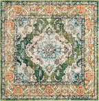 SAFAVIEH Monaco Collection Area Rug - 5' Square, Forest Green & Light Blue, Medallion Distressed Design, Non-Shedding & Easy Care, Ideal for High Traffic Areas in Living Room, Bedroom (MNC243F)
