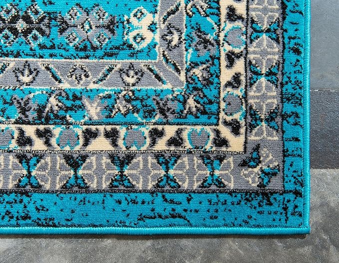 Unique Loom Taftan Collection Border Geometric Tribal Inspired Design Area Rug (8' 0 x 10' 0 Rectangular, Turquoise/ Gray)