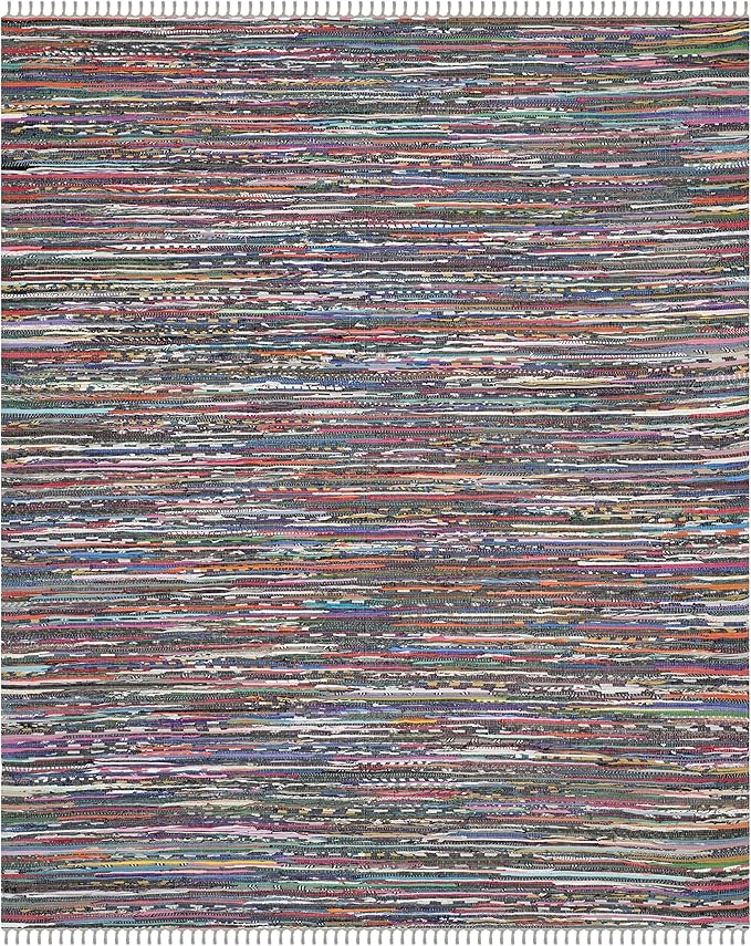 SAFAVIEH Rag Rug Collection Area Rug - 9' x 12', Grey & Multi, Handmade Boho Stripe Cotton, Ideal for High Traffic Areas in Living Room, Bedroom (RAR121M)