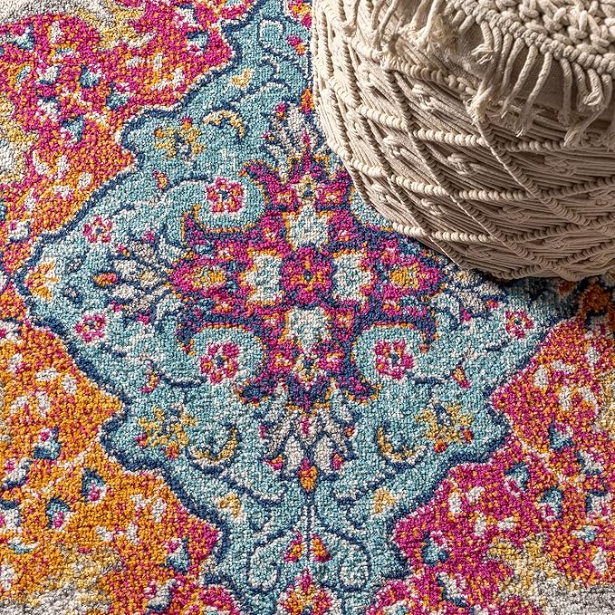 JONATHAN Y Boho Vintage Blue/Multi 3x5 Oval Area Rug, Bohemian Flair Medallion, Floral Easy-Cleaning High Traffic for Living Room, Bedroom, Kitchen, Pet-Friendly, Non Shedding (BMF106A-3OV)