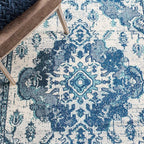 SAFAVIEH Monaco Collection Area Rug - 6'7" Square, Ivory & Blue, Boho Chic Medallion Distressed Design, Non-Shedding & Easy Care, Ideal for High Traffic Areas in Living Room, Bedroom (MNC243A)