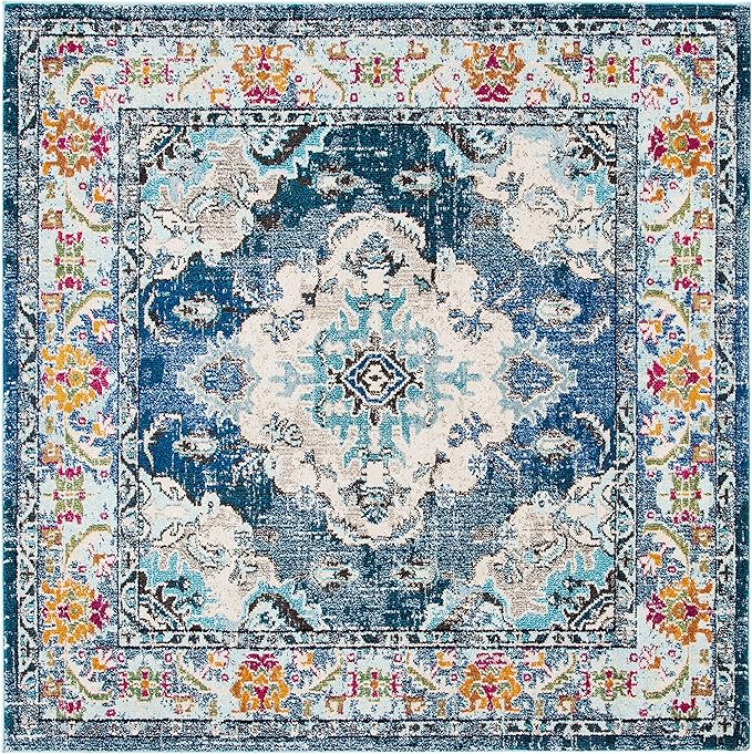 SAFAVIEH Monaco Collection Area Rug - 11' Square, Navy & Light Blue, Boho Chic Medallion Distressed Design, Non-Shedding & Easy Care, Ideal for High Traffic Areas in Living Room, Bedroom (MNC243N)